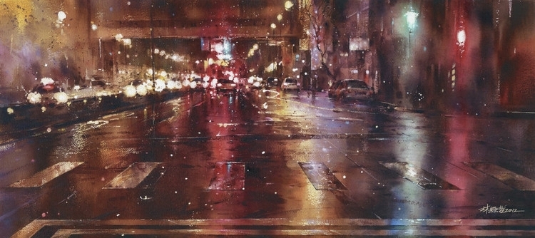 台湾画家林经哲雨夜光影水彩画作品-3