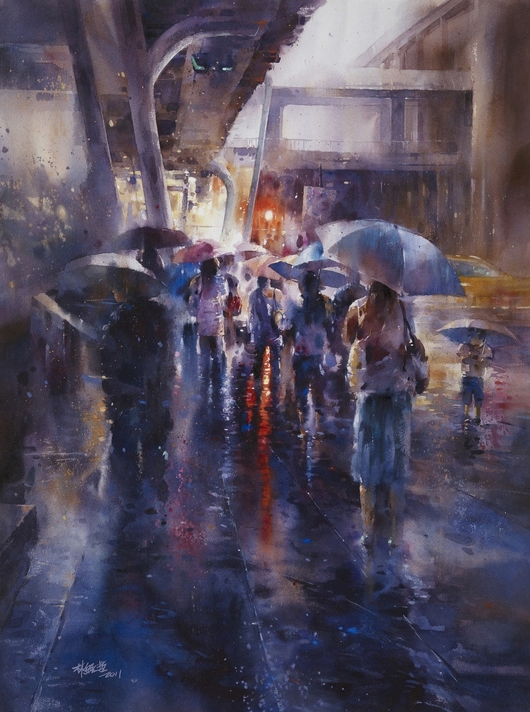 台湾画家林经哲雨夜光影水彩画作品-4