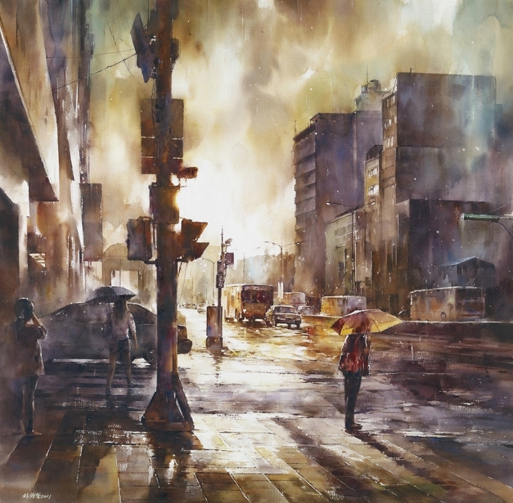 台湾画家林经哲雨夜光影水彩画作品-5