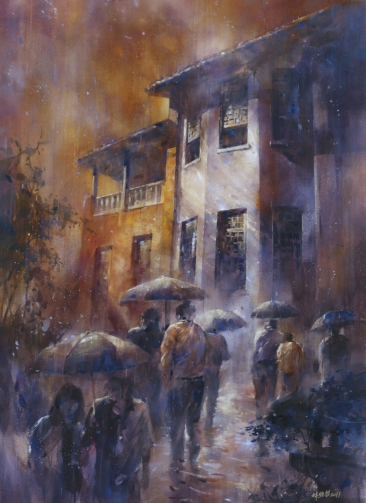 台湾画家林经哲雨夜光影水彩画作品-6