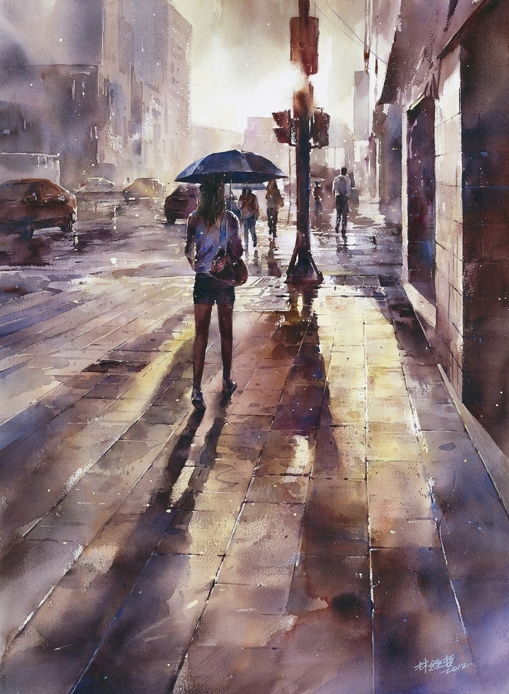 台湾画家林经哲雨夜光影水彩画作品-7