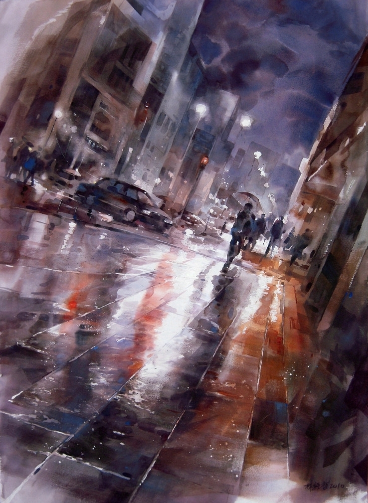 台湾画家林经哲雨夜光影水彩画作品-8