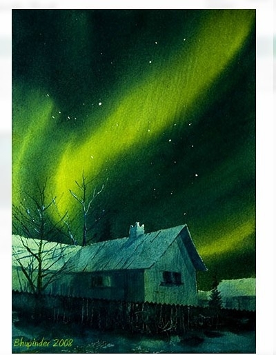 夜晚星空北极光风景水彩画教程