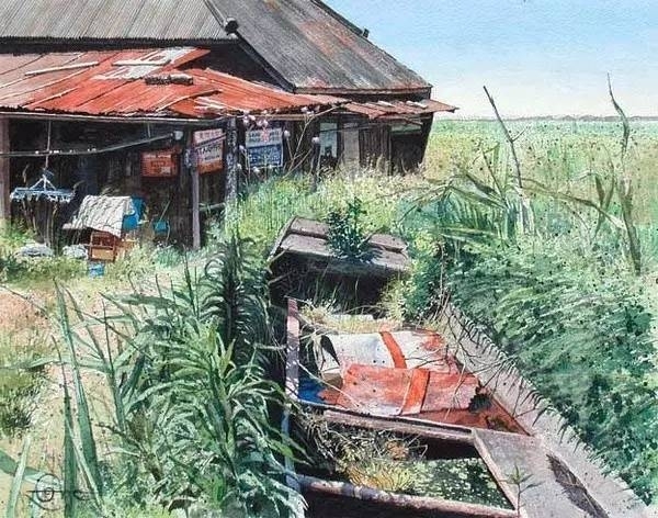 小镇一角 田中己永风景水彩画作品