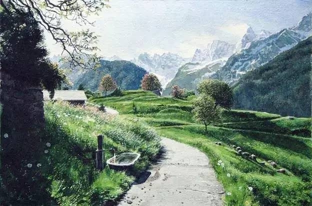 小镇一角 田中己永风景水彩画作品