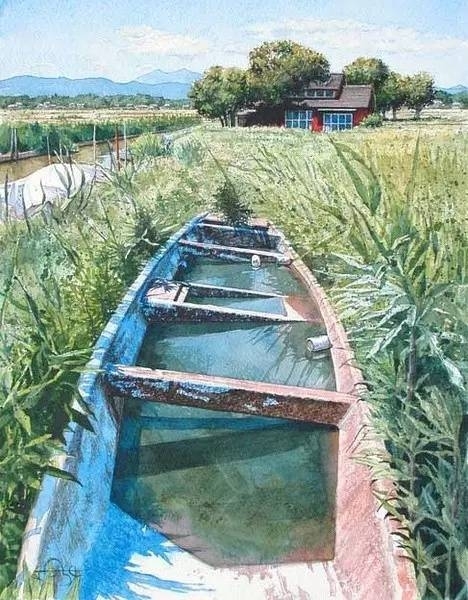 小镇一角 田中己永风景水彩画作品