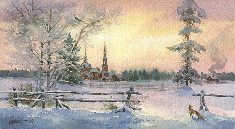 俄罗斯画家Pugachev,Paul S雪景风景水彩画