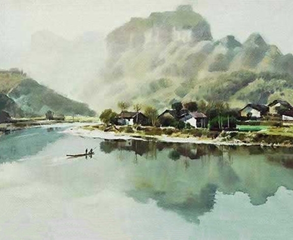 黄铁山乡村山水风景水彩画作品